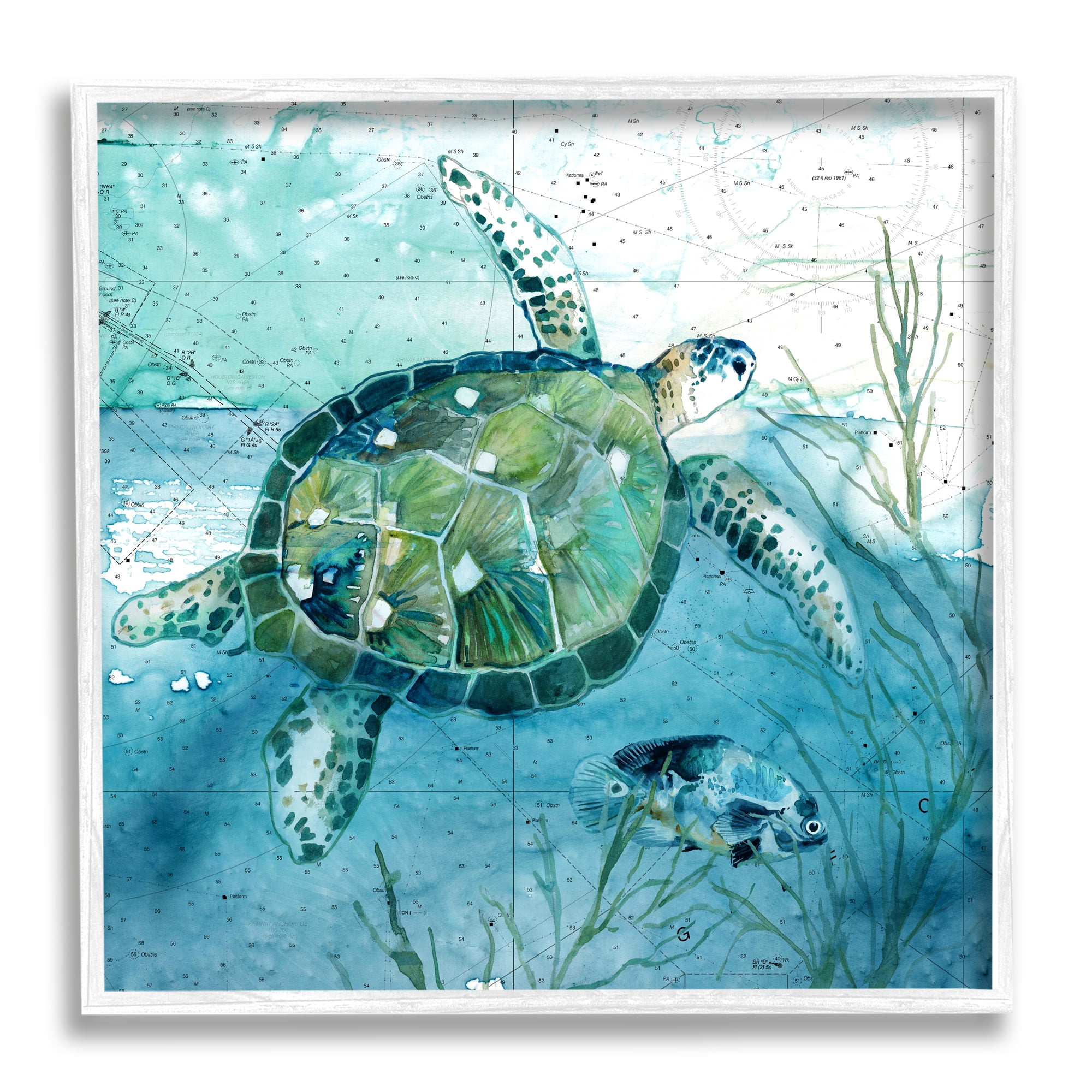 Stupell Industries Sea Tortoise and Fish over Blue Nautical Ocean Map Animals & Insects Painting White Framed Art Print Wall Art, 12 x 12