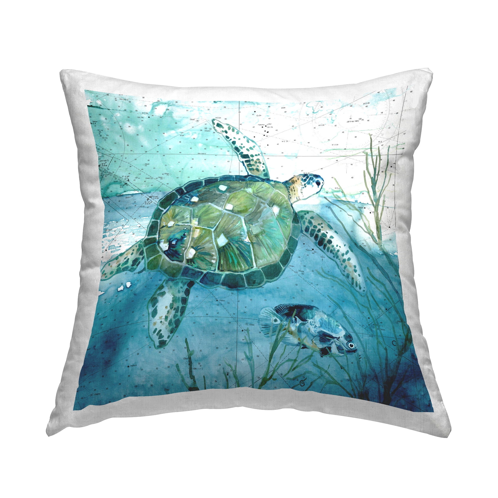 Stupell Industries Sea Tortoise and Fish over Nautical Ocean Map Coastal Blue,18 x 7 x 18 Decorative Pillows