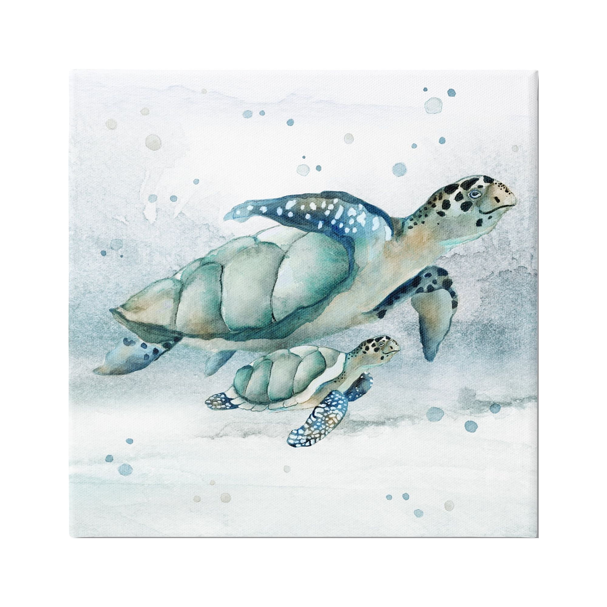 Sea Turtle and Baby Blue Green Canvas Wall Art, 30 x 30