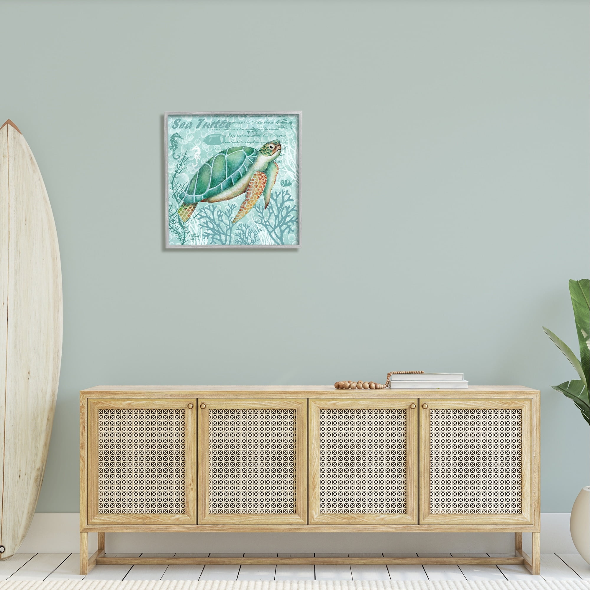 Stupell Industries Sea Turtle Detailed Coral Silhouettes Fancy Script Graphic Art Gray Framed Art Print Wall Art, Design by Emma Leach