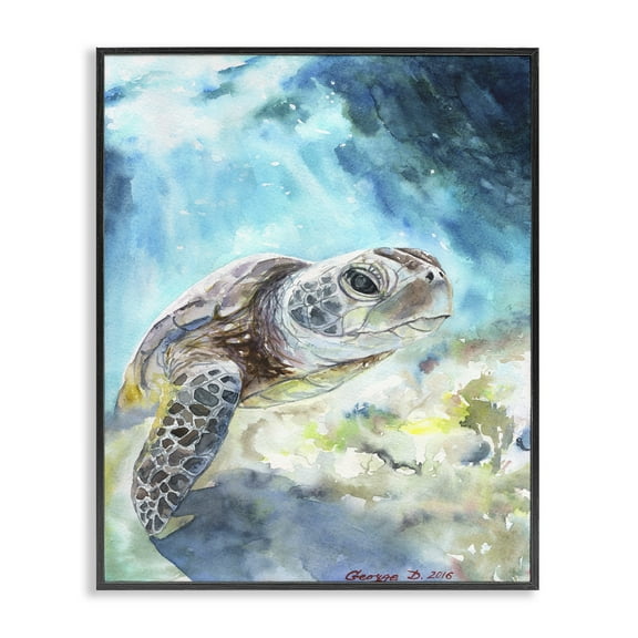 Stupell Industries Sea Turtle Ocean Animal Blue Watercolor Painting Framed Giclee Texturized Art by George Dyachenko