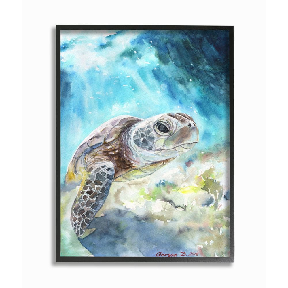 Sea Turtle Blue Watercolor Canvas Print with Black Frame, 16x20