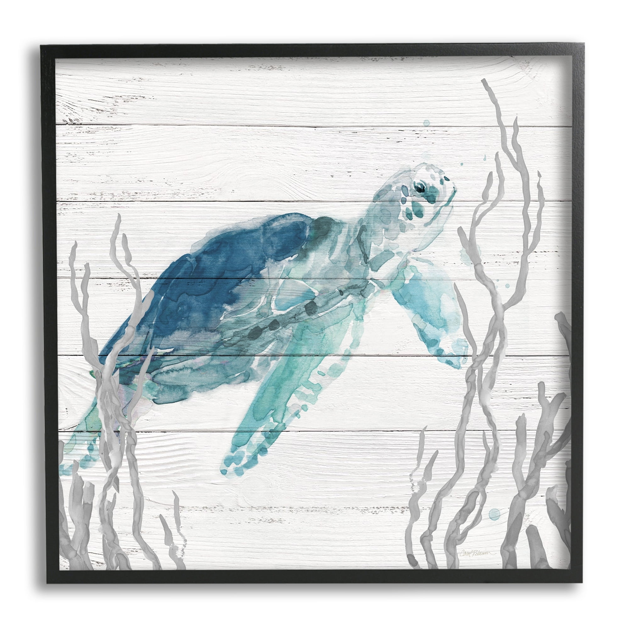 17" Coastal Blue and Gray Sea Turtle Canvas Art with Black Wood Frame