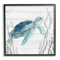 Stupell Industries Sea Turtle Ocean Botanicals Rustic Plank Pattern Graphic Art Black Framed Art Print Wall Art, Design by Carol Robinson