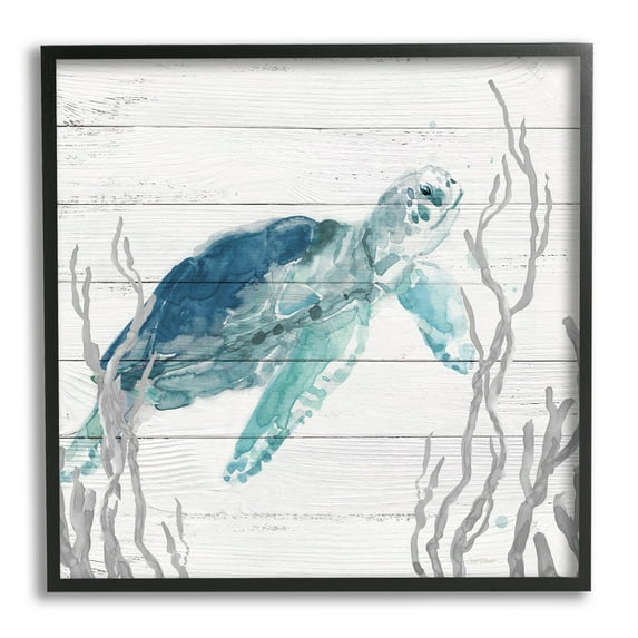 Stupell Industries Sea Turtle Ocean Botanicals Rustic Plank Pattern Graphic Art Black Framed Art Print Wall Art, Design by Carol Robinson