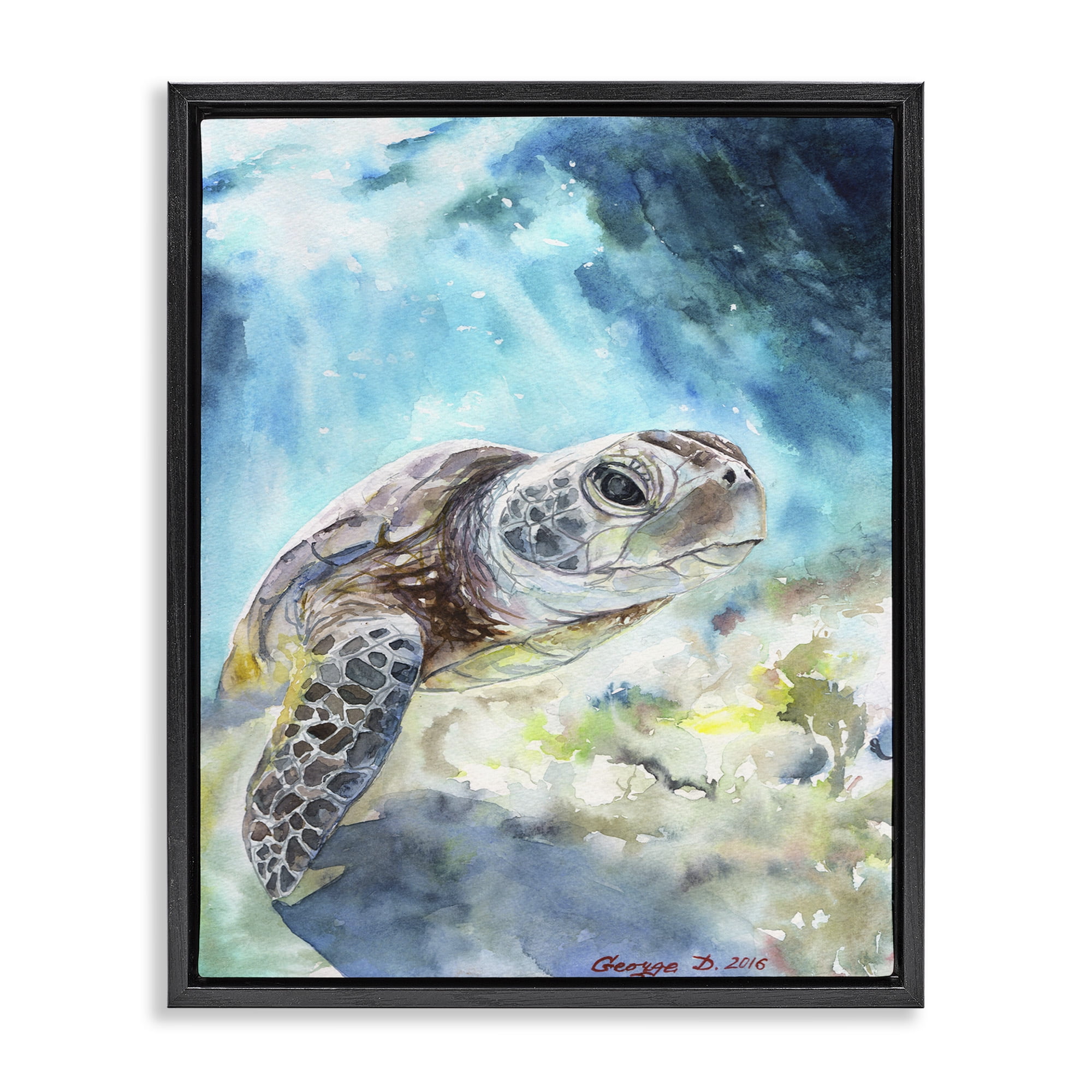 Stupell Industries Sea Turtle Ocean Watercolor Animals & Insects Painting Black Floater Framed Canvas Art Print Wall Art, 17 x 21