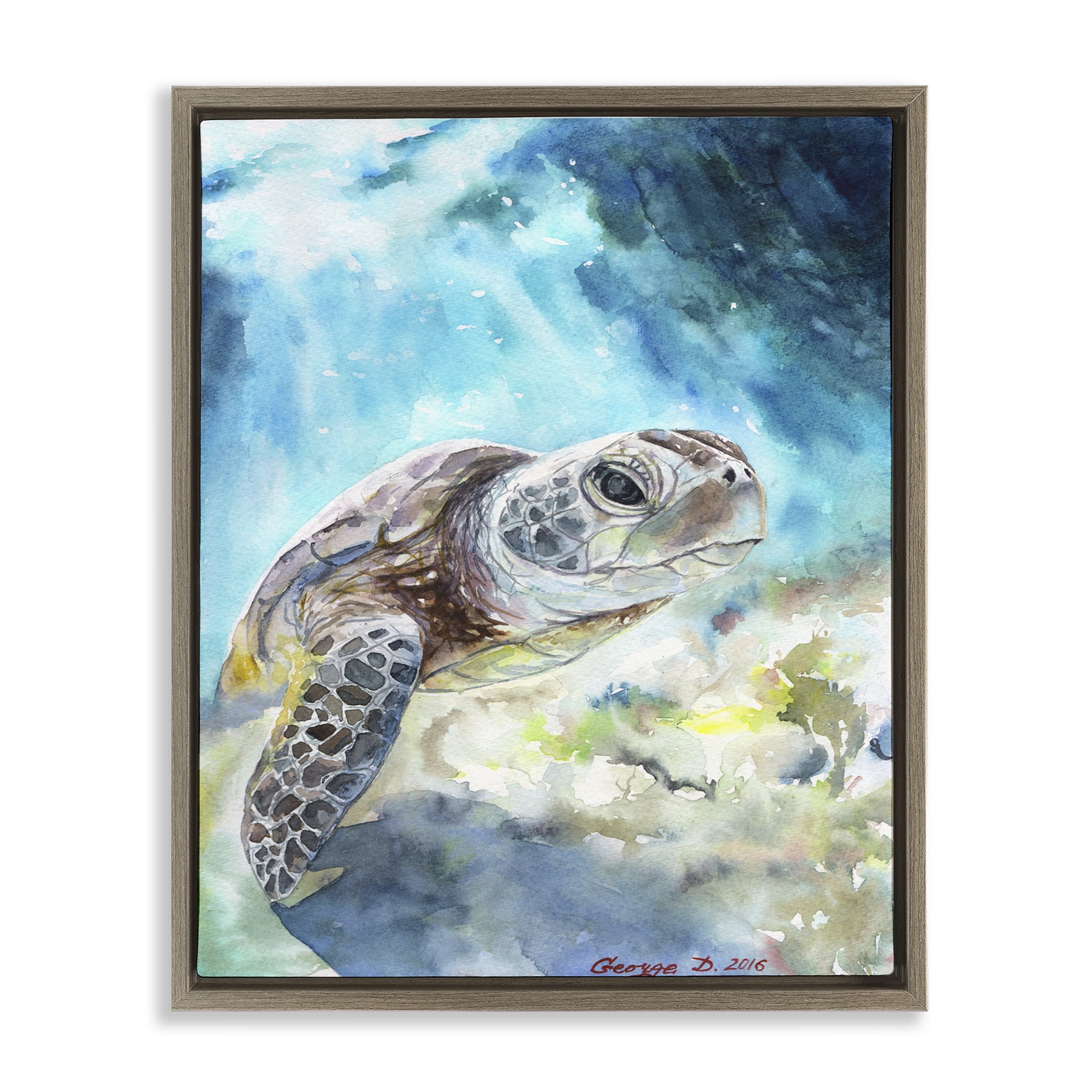 Stupell Industries Sea Turtle Ocean Watercolor Animals & Insects Painting Brown Floater Framed Canvas Art Print Wall Art, 17 x 21