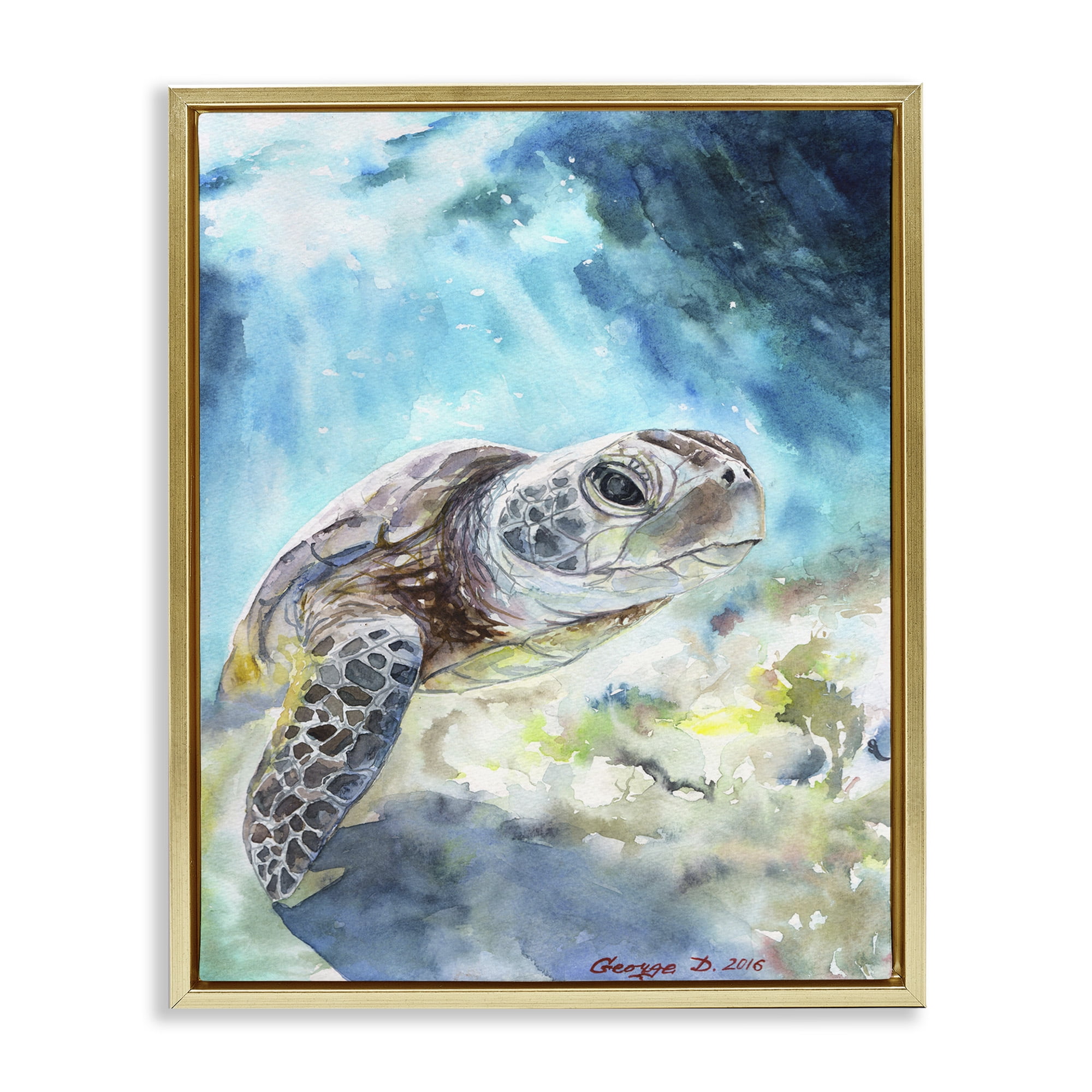 Stupell Industries Sea Turtle Ocean Watercolor Animals & Insects Painting Gold Floater Framed Canvas Art Print Wall Art, 17 x 21