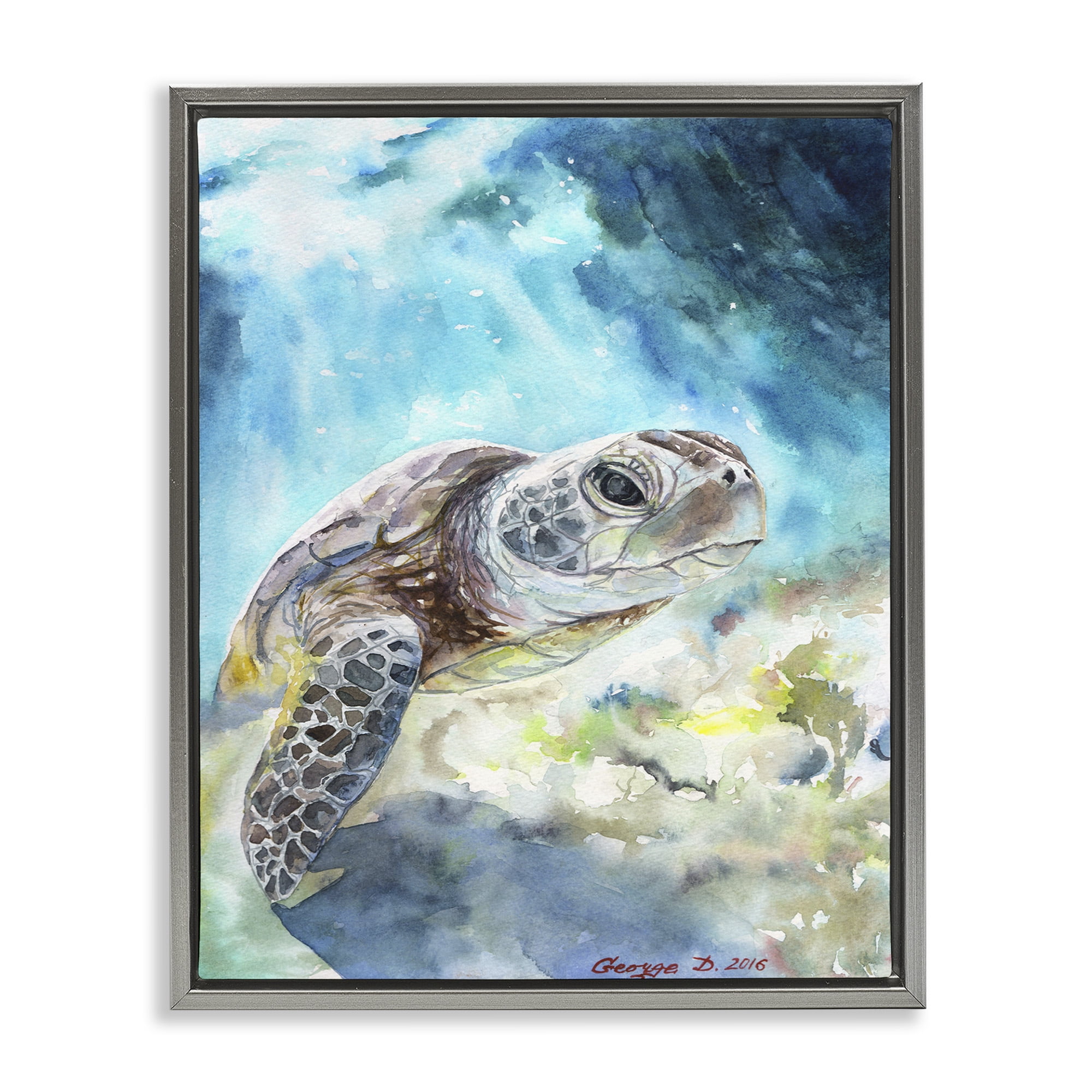 Stupell Industries Sea Turtle Ocean Watercolor Animals & Insects Painting Gray Floater Framed Canvas Art Print Wall Art, 25 x 31
