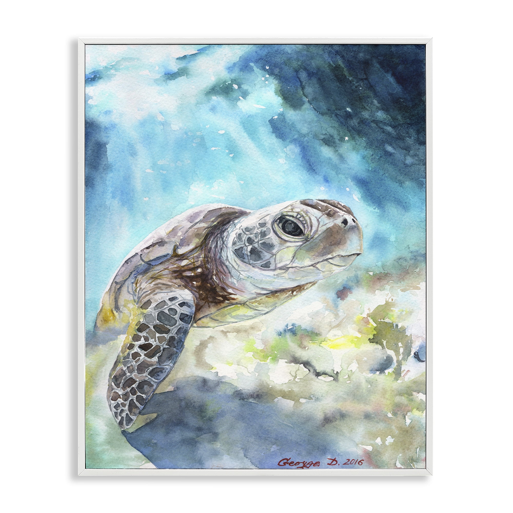 Stupell Industries Sea Turtle Ocean Watercolor Animals & Insects Painting White Framed Art Print Wall Art, 16 x 20