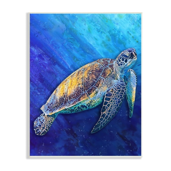 Stupell Industries Sea Turtle Swimming Deep Blue Ocean Under Water Wood Wall Art, 10 x 15, Design by Alpenglow Workshop