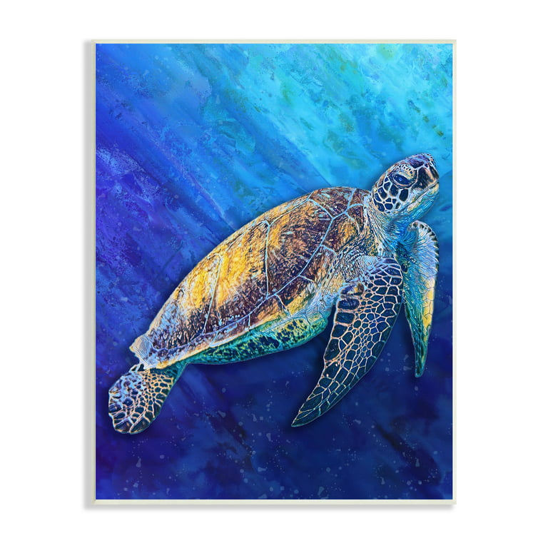 Stupell Industries Sea Turtle Swimming Deep Blue Ocean Under Water Wood  Wall Art, 13 x 19, Design by Alpenglow Workshop 