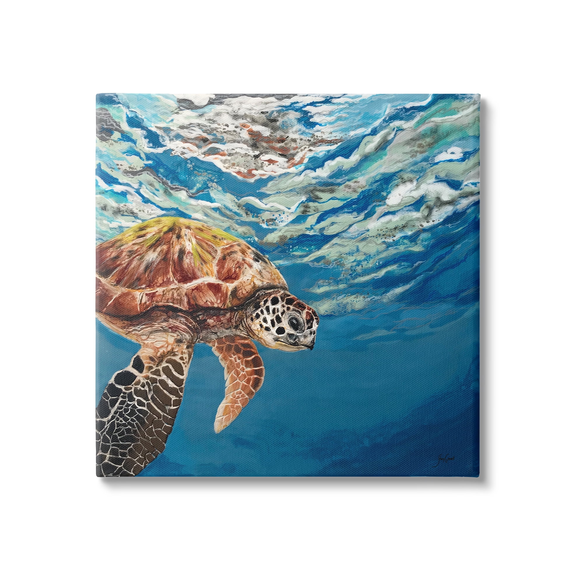 Sea Turtle Swimming Ocean Waves Canvas Print on Wooden Frame