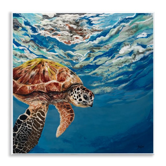 Stupell Industries Contemporary Sea Turtle Swimming Distant Surface Ocean Water Waves Wall Plaque Art, 12 x 12, by Stacy Gresell