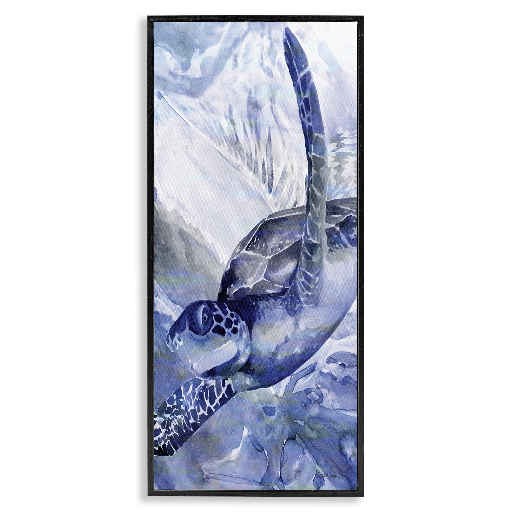 Stupell Industries Sea Turtle Swimming In Ocean Animals & Insects Painting Black Framed Art Print Wall Art, 13 x 30