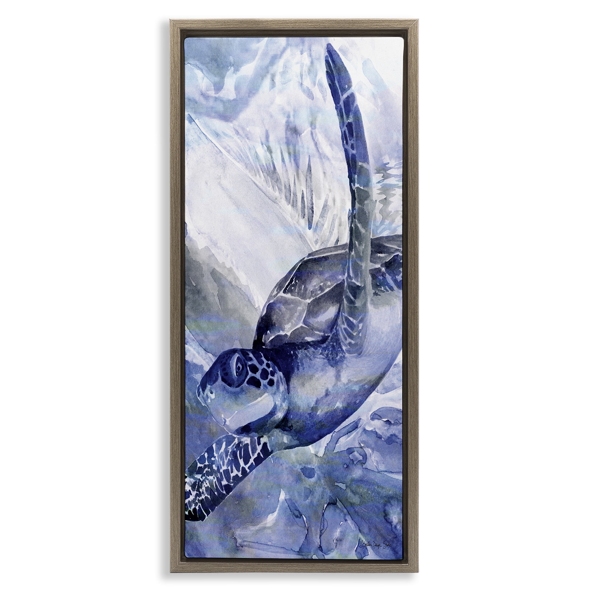 Stupell Industries Sea Turtle Swimming In Ocean Animals & Insects Painting Brown Floater Framed Canvas Art Print Wall Art, 11 x 25