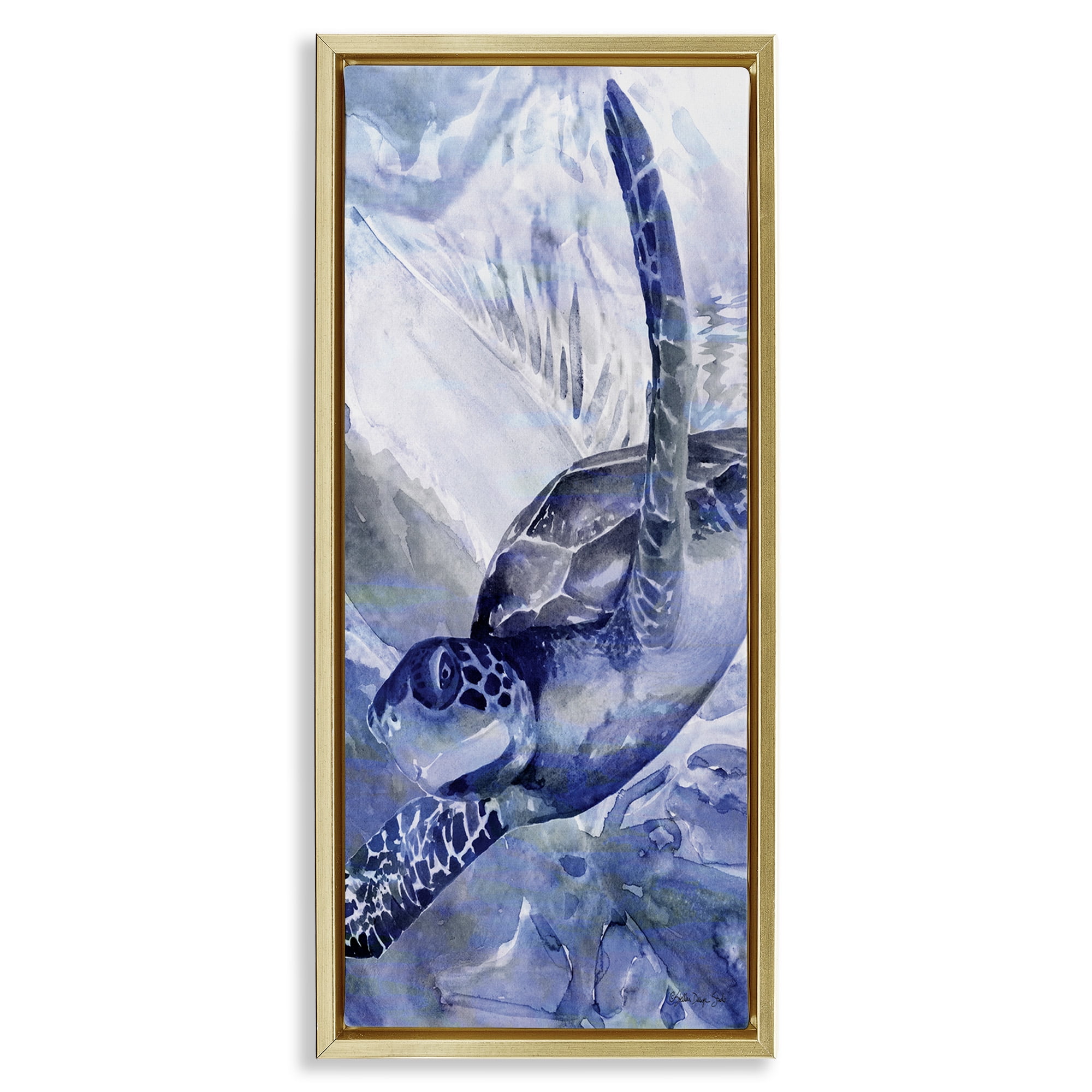 Stupell Industries Sea Turtle Swimming In Ocean Animals & Insects Painting Gold Floater Framed Canvas Art Print Wall Art, 15 x 31