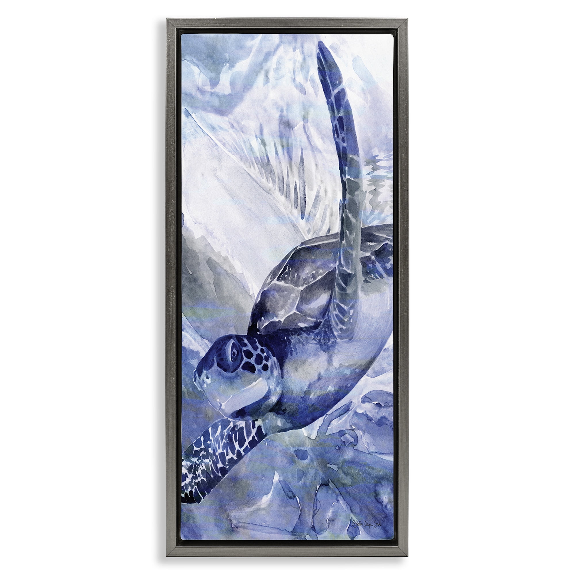 Stupell Industries Sea Turtle Swimming In Ocean Animals & Insects Painting Gray Floater Framed Canvas Art Print Wall Art, 15 x 31