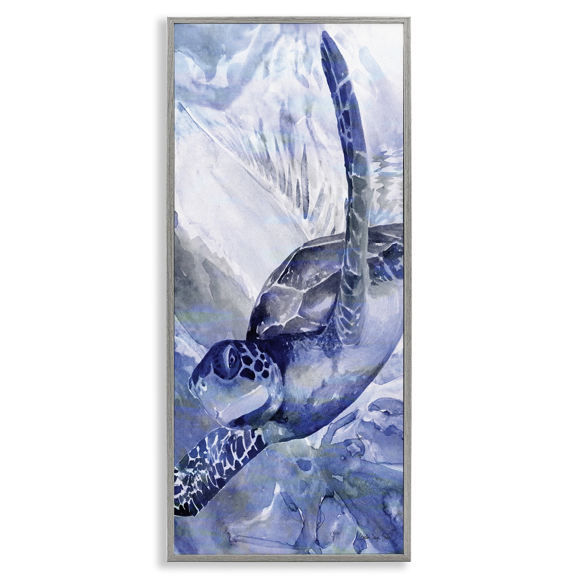 Stupell Industries Sea Turtle Swimming In Ocean Animals & Insects Painting Gray Framed Art Print Wall Art, 10 x 24