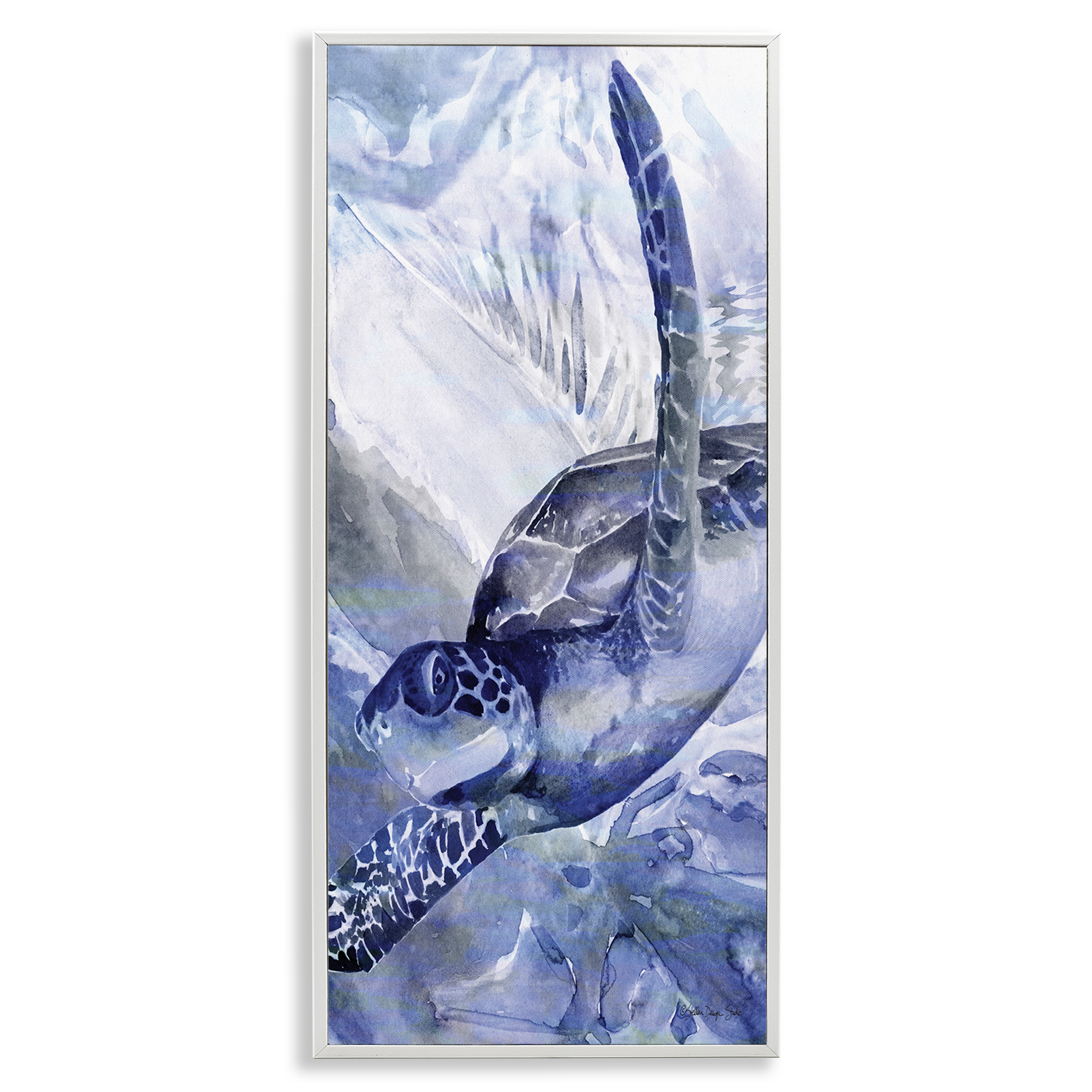 Stupell Industries Sea Turtle Swimming In Ocean Animals & Insects Painting White Framed Art Print Wall Art, 13 x 30