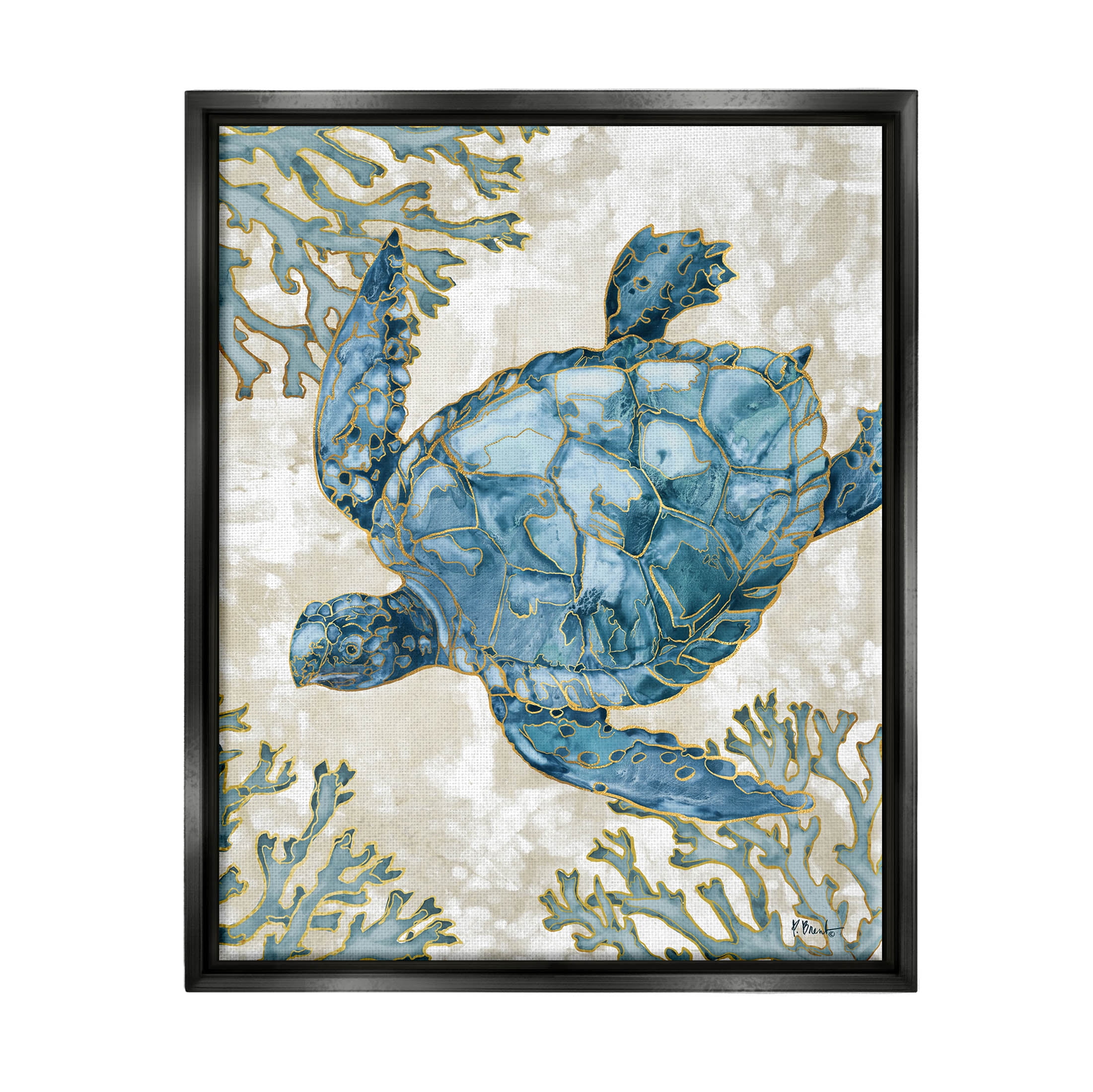 Stupell Industries Sea Turtle Swimming Playa Sealife Graphic Art Jet Black Floating Framed Canvas Print Wall Art, Design by Paul Brent