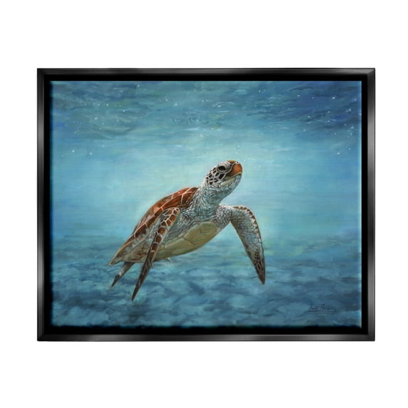 Stupell Industries Sea Turtle Underwater Marine Scene Deep Ocean Water Painting Jet Black Floating Framed Canvas Print Wall Art, Design by David Stribbling