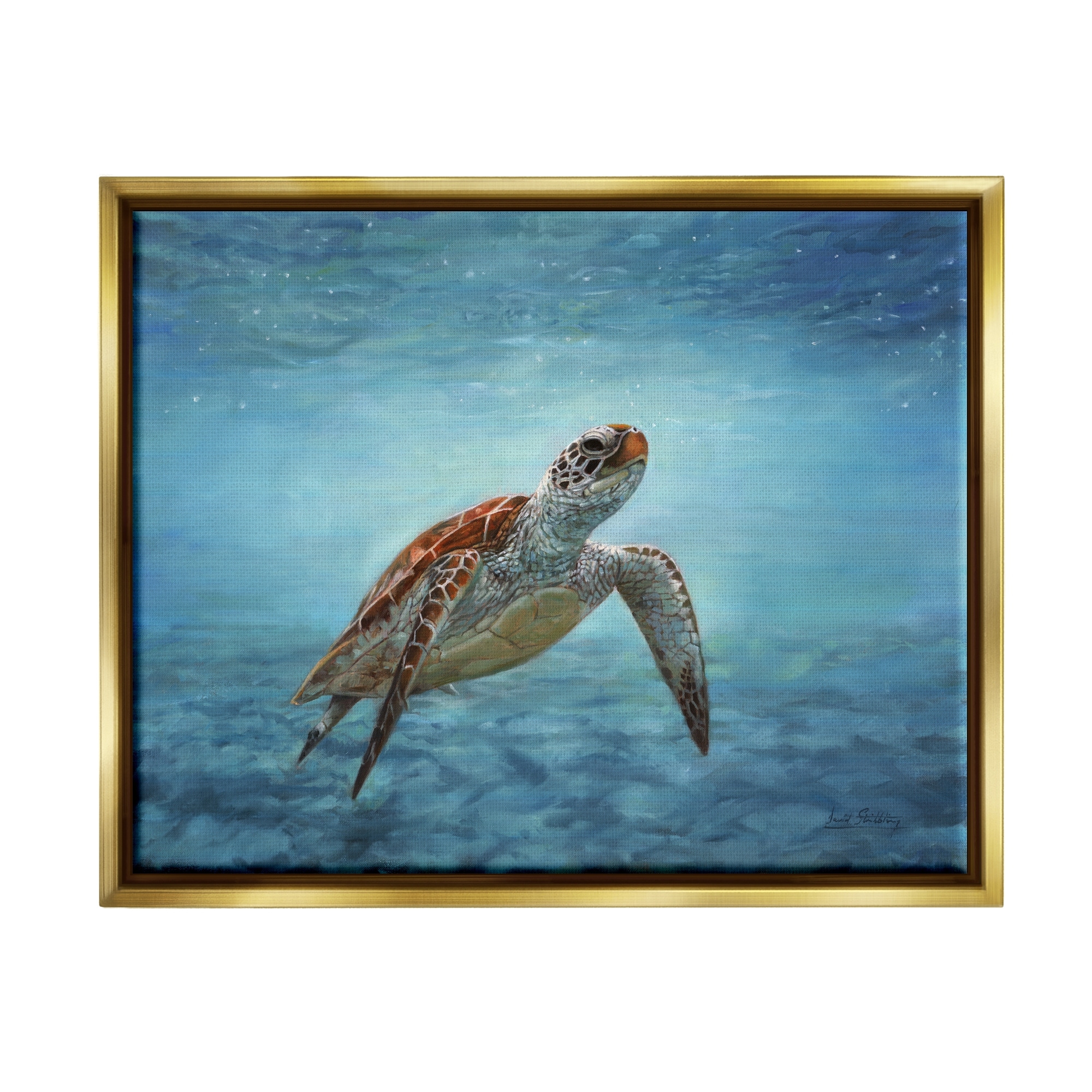 Stupell Industries Sea Turtle Underwater Marine Scene Deep Ocean Water Painting Metallic Gold Floating Framed Canvas Print Wall Art, Design by David Stribbling