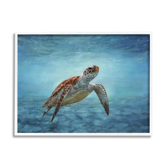 Stupell Industries Sea Turtle Underwater Marine Scene Deep Ocean Water Painting White Framed Art Print Wall Art, Design by David Stribbling