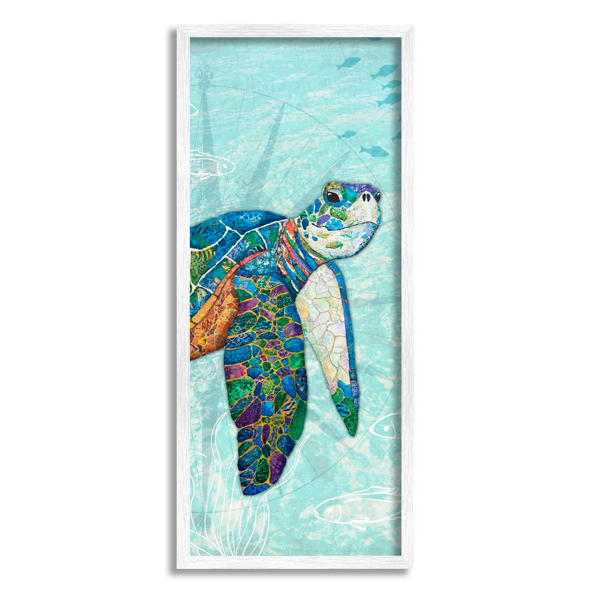 Sea Turtle Mosaic Collage Print on Canvas with White Frame