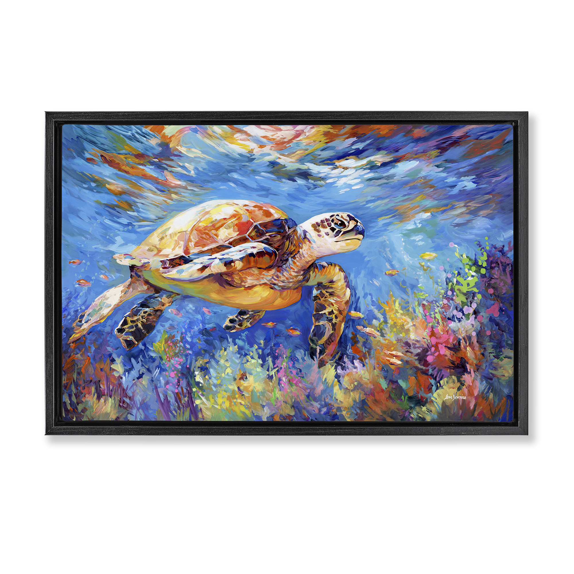 Stupell Industries Sea Turtle's Adventure Animals & Insects Painting Black Floater Framed Canvas Art Print Wall Art, 25 x 17