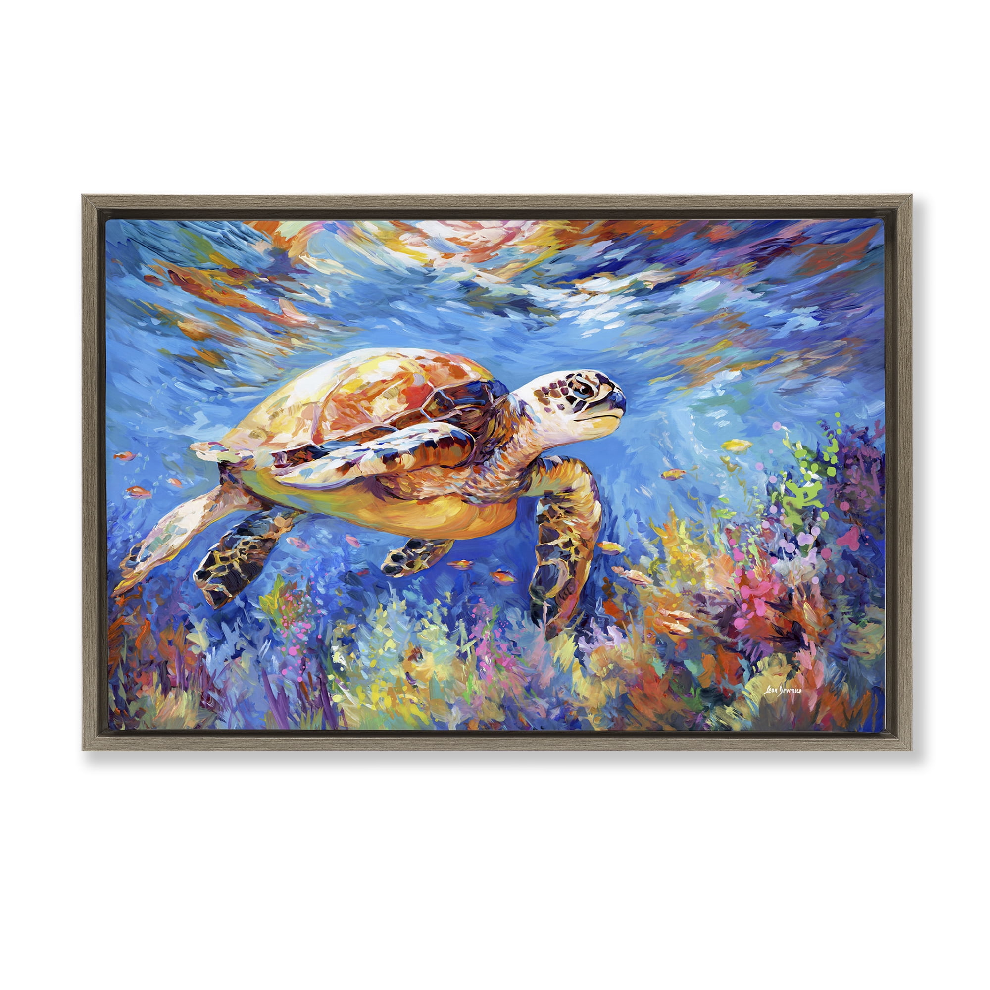 Stupell Industries Sea Turtle's Adventure Animals & Insects Painting Brown Floater Framed Canvas Art Print Wall Art, 31 x 21