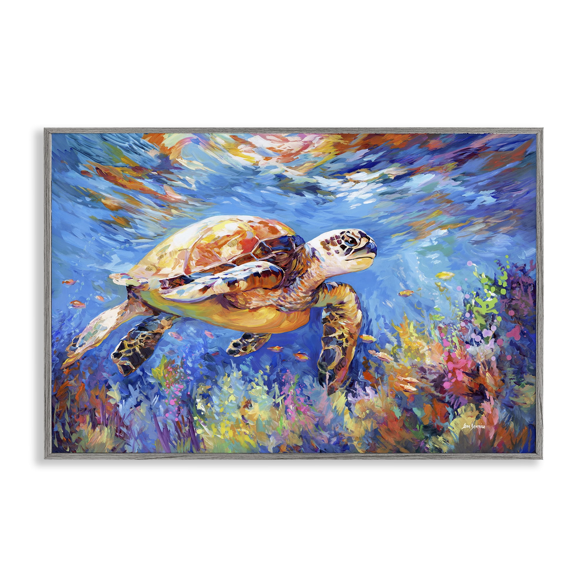 Stupell Industries Sea Turtle's Adventure Animals & Insects Painting Gray Framed Art Print Wall Art, 18 x 12