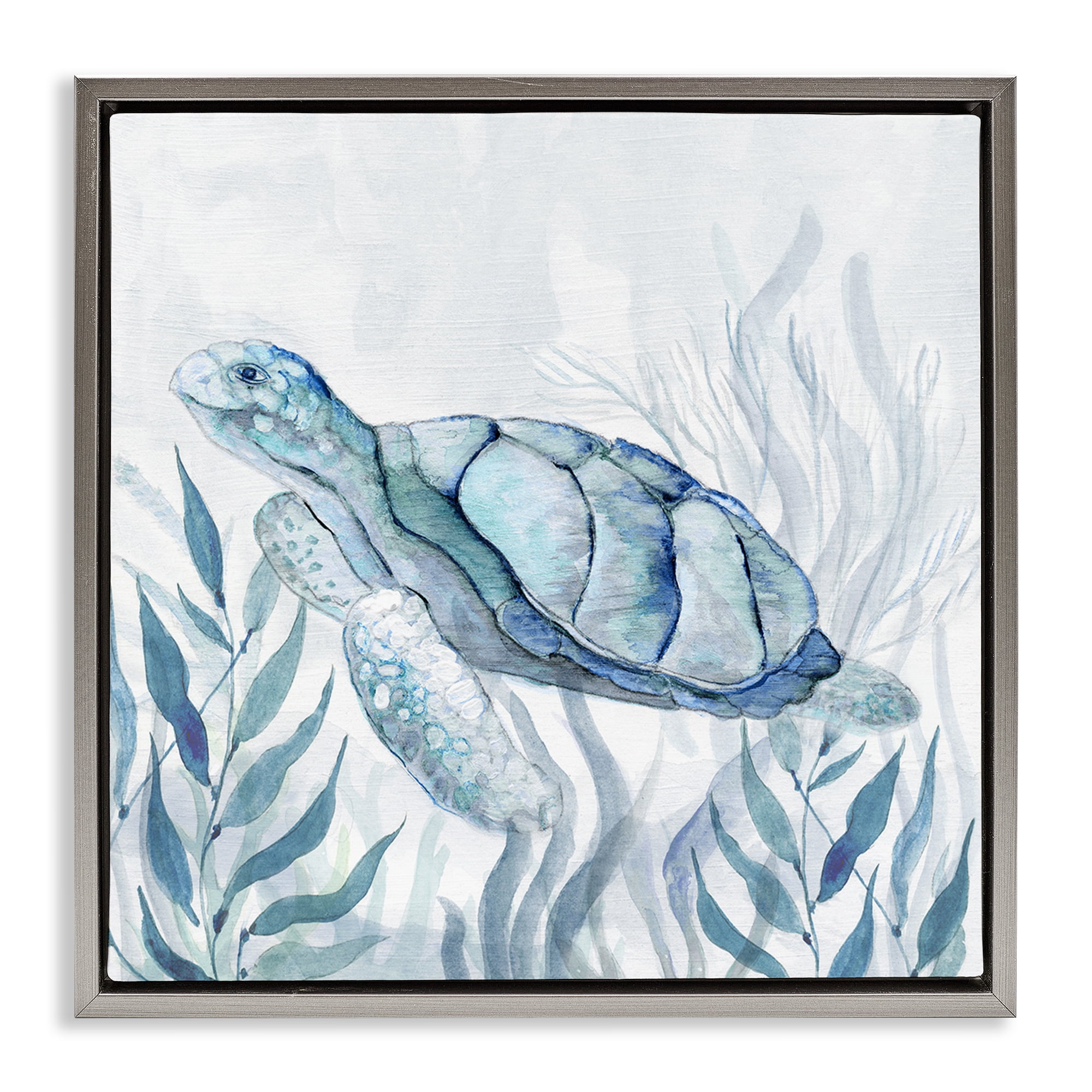 Stupell Industries Sea Turtle with Subtle Smile Gray Framed Floater Canvas Wall Art, design by Janet Tava