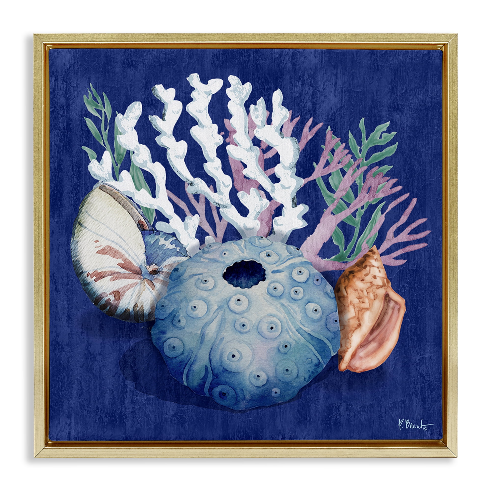 Stupell Industries Sea Urchin & Coral Coastal Painting Gold Floater Framed Canvas Art Print Wall Art, 18 x 18