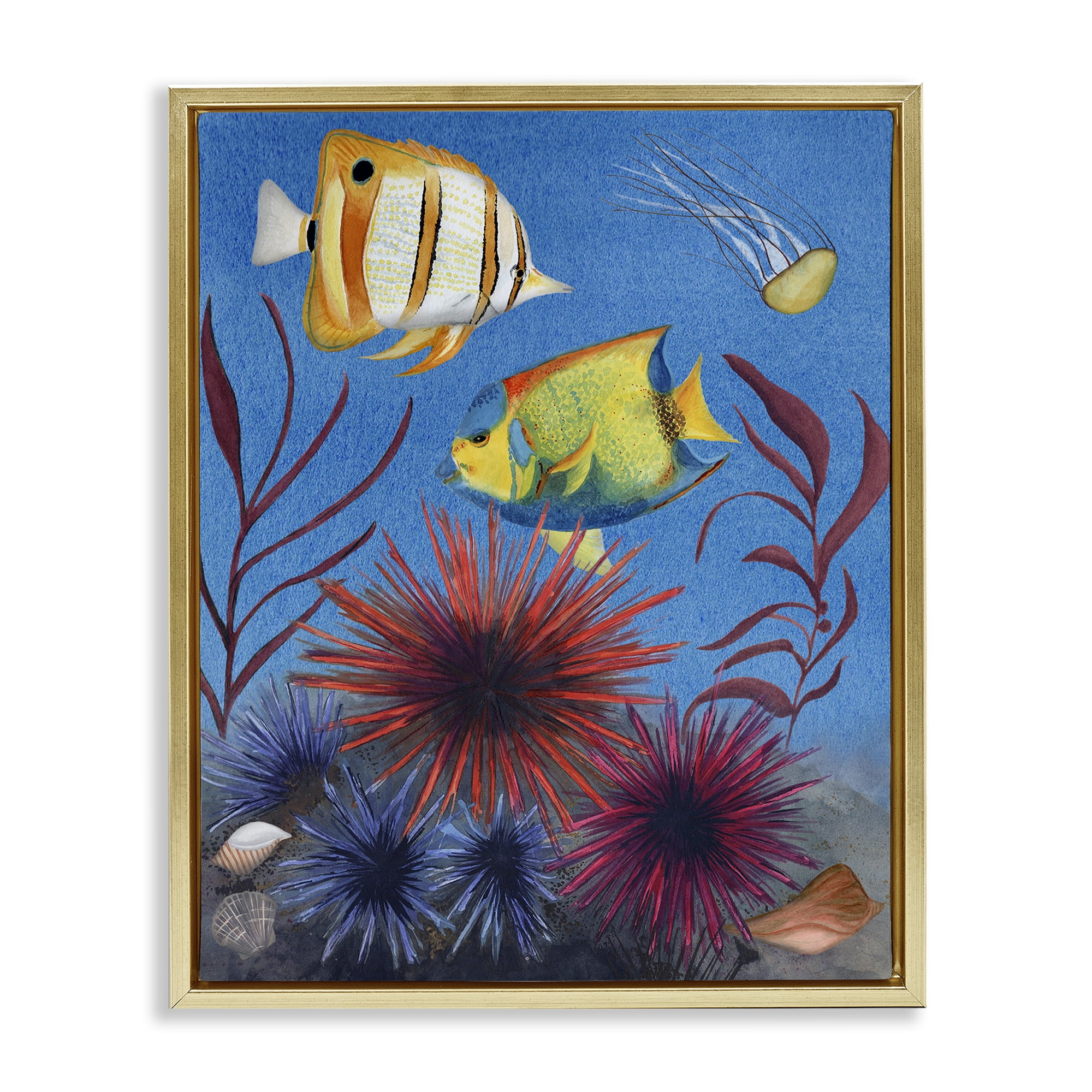 Stupell Industries Seafaring Fish & Urchins Animals Painting Gold Floater Framed Canvas Art Print Wall Art, 17 x 21