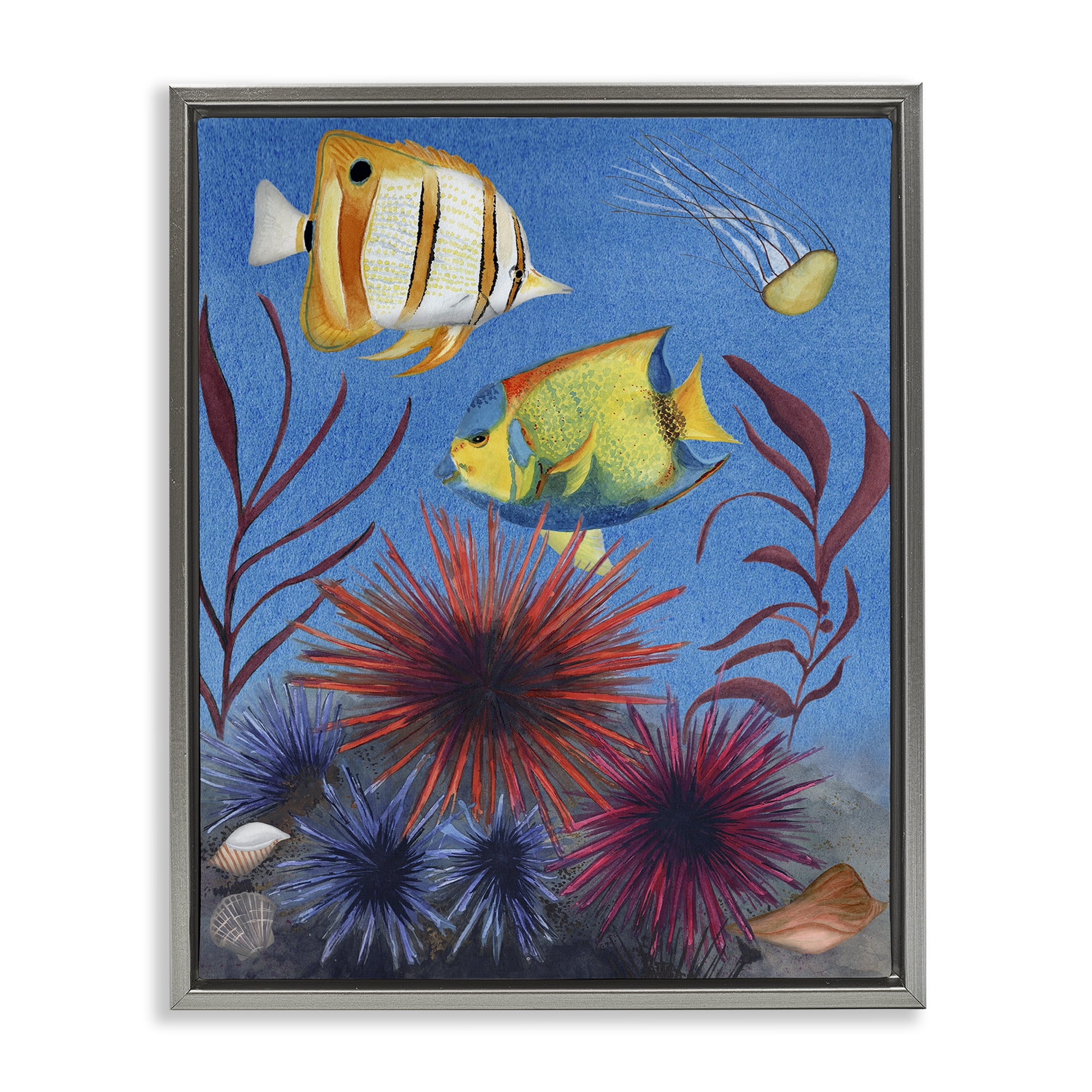 Stupell Industries Seafaring Fish & Urchins Animals Painting Gray Floater Framed Canvas Art Print Wall Art, 17 x 21