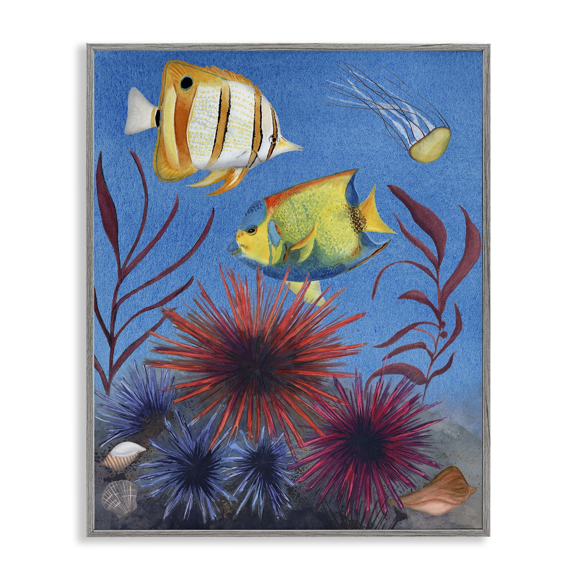 Stupell Industries Seafaring Fish & Urchins Animals Painting Gray Framed Art Print Wall Art, 24 x 30