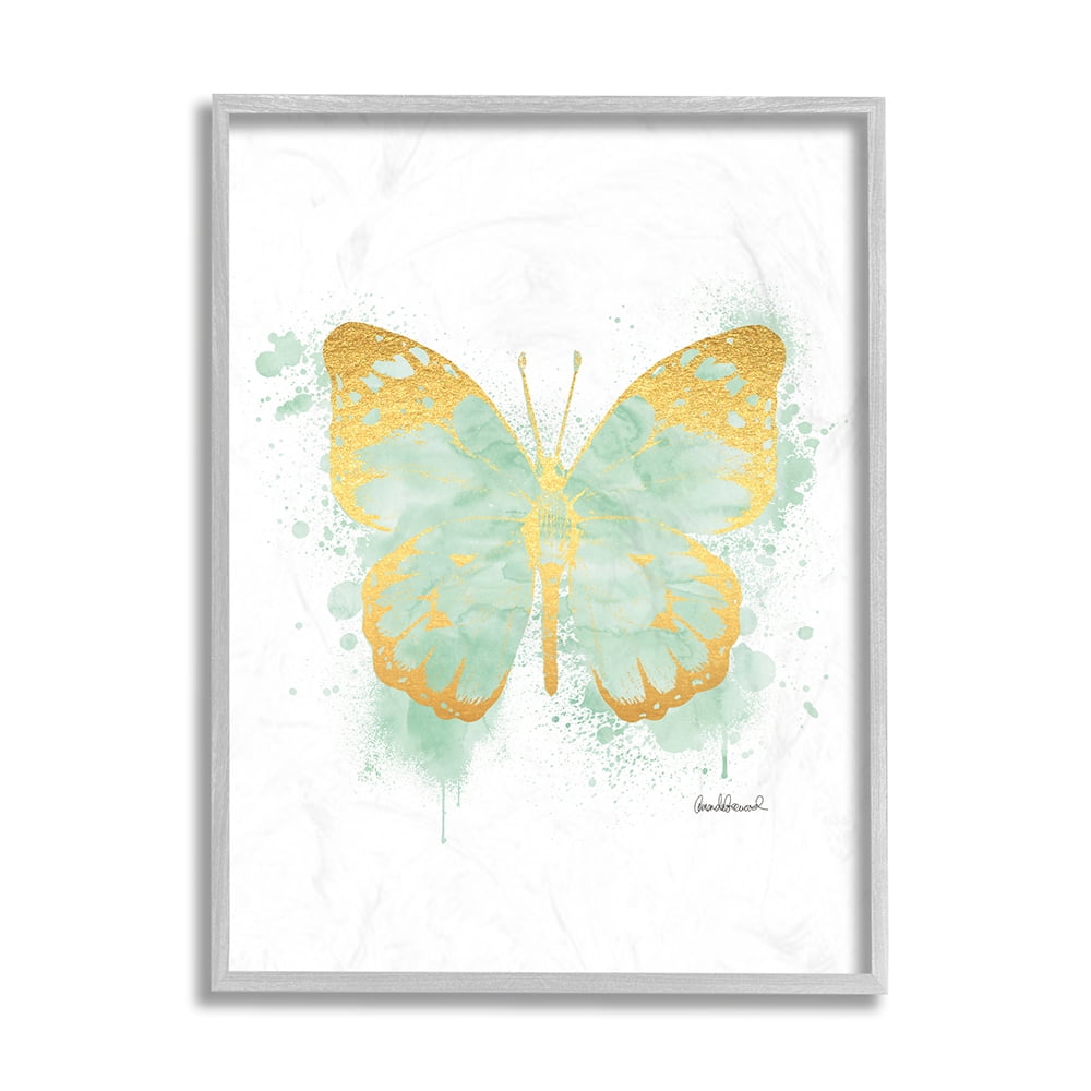 Stupell Industries Seafoam Green Butterfly Watercolor Paint Splatter Gray Framed by Amanda Greenwood