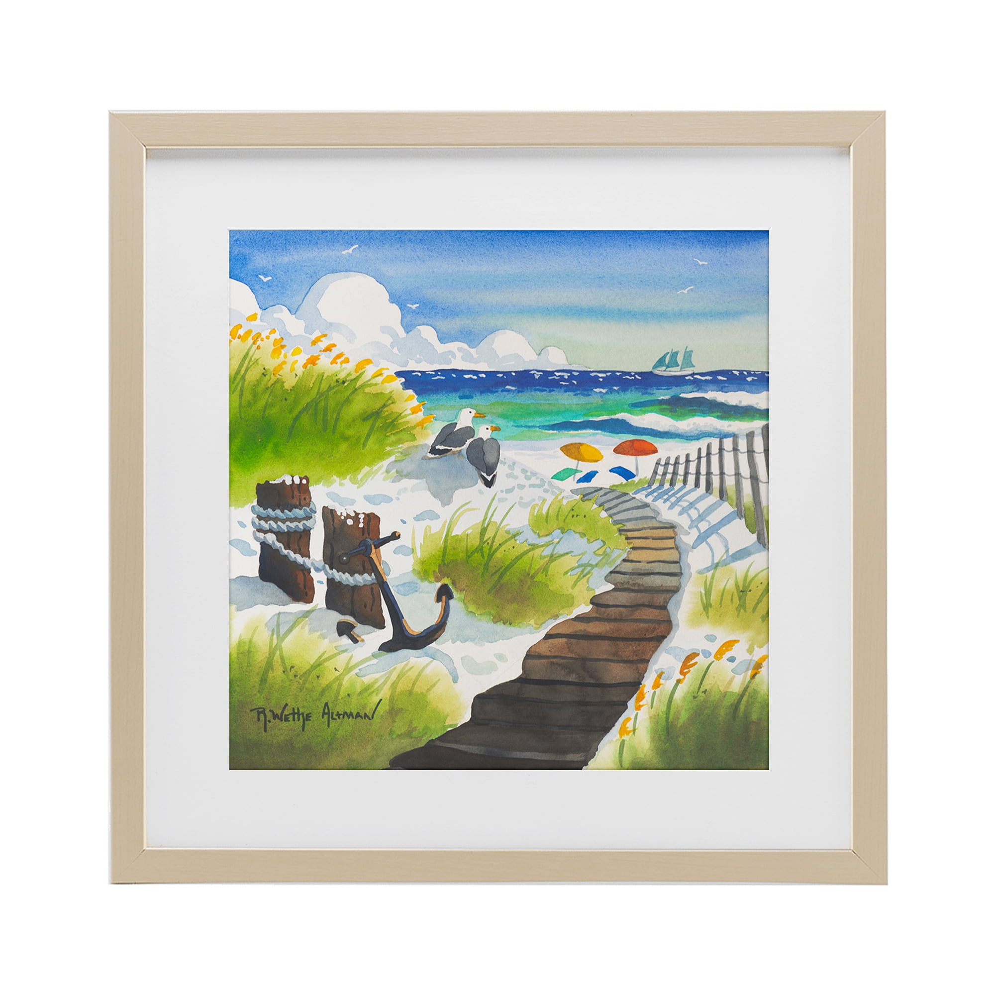Stupell Industries Seagull & Anchor on Shore Birch Framed Print Under Glass, design by Robin Altman