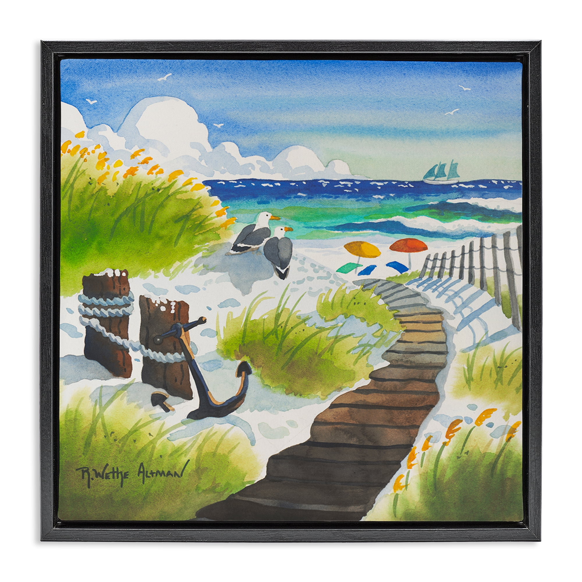 Stupell Industries Seagull & Anchor on Shore Black Framed Floater Canvas Wall Art, design by Robin Altman