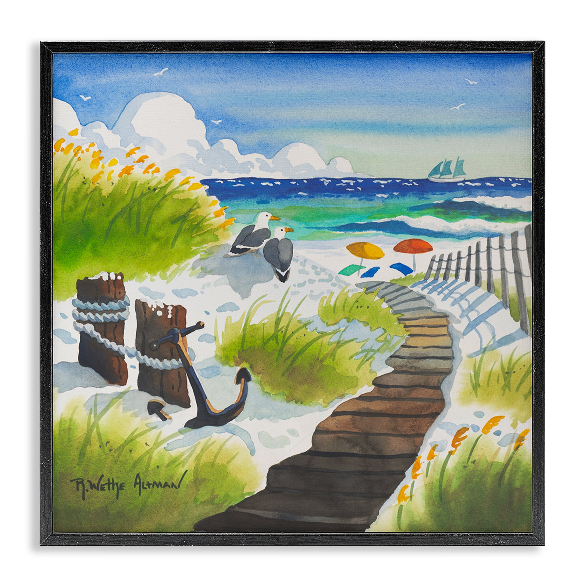 Stupell Industries Seagull & Anchor on Shore Black Framed Giclee Art, design by Robin Altman