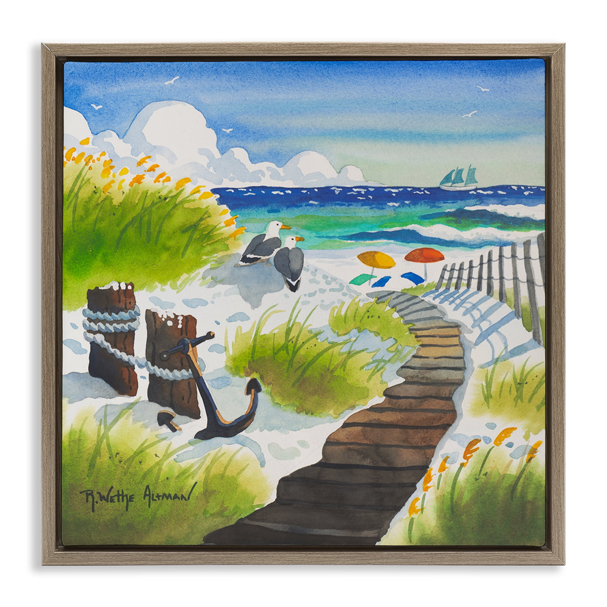Stupell Industries Seagull & Anchor on Shore Brown Framed Floater Canvas Wall Art, design by Robin Altman