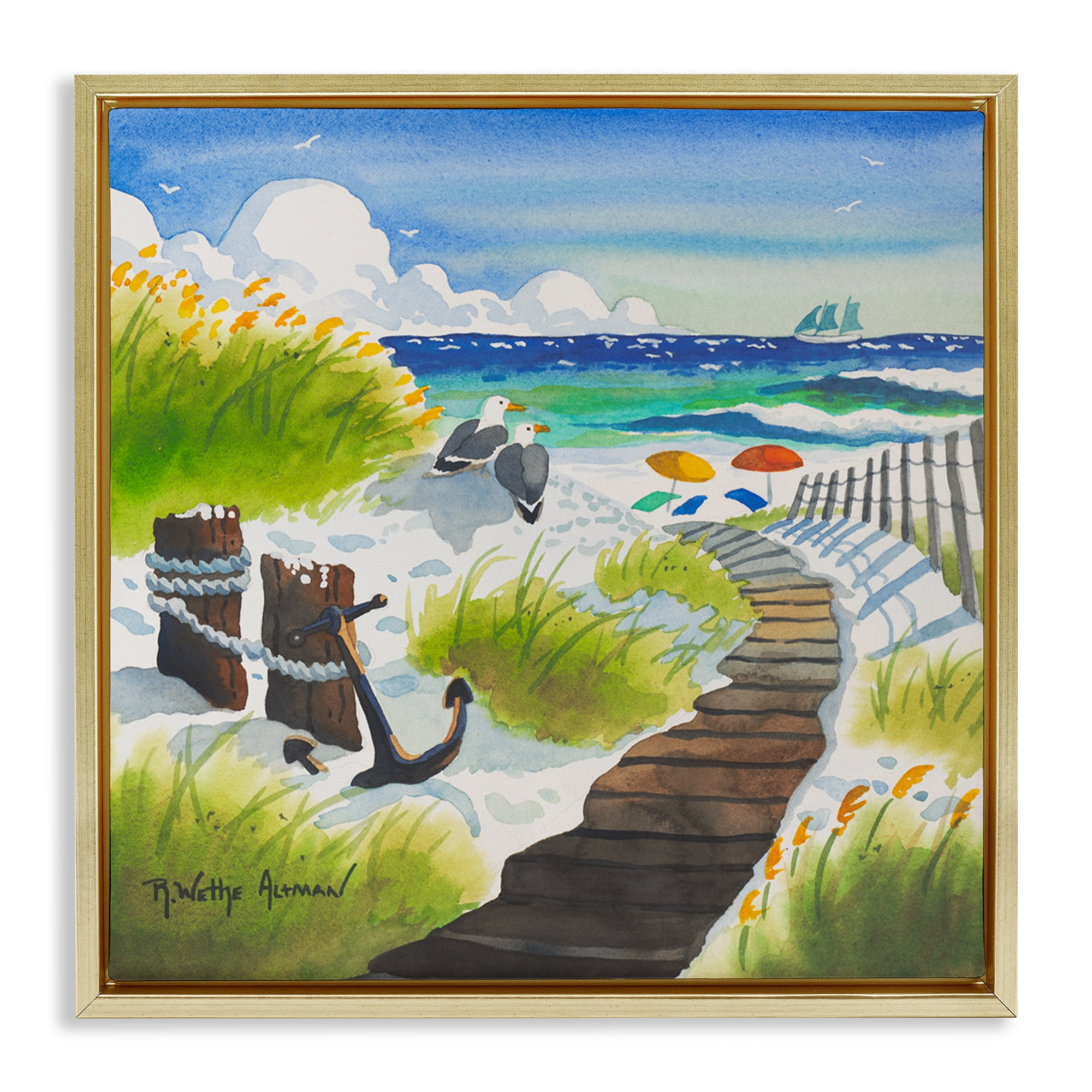 Stupell Industries Seagull & Anchor on Shore Gold Framed Floater Canvas Wall Art, design by Robin Altman