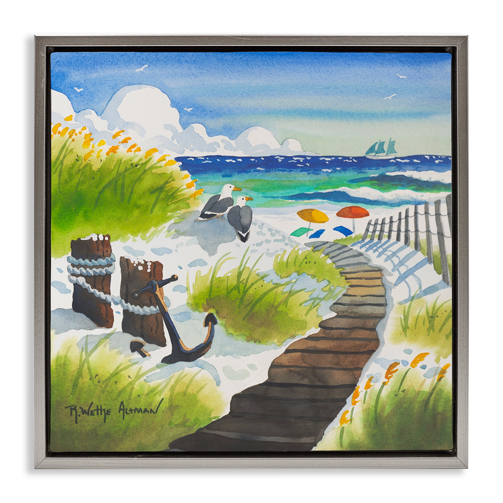 Stupell Industries Seagull & Anchor on Shore Gray Framed Floater Canvas Wall Art, design by Robin Altman
