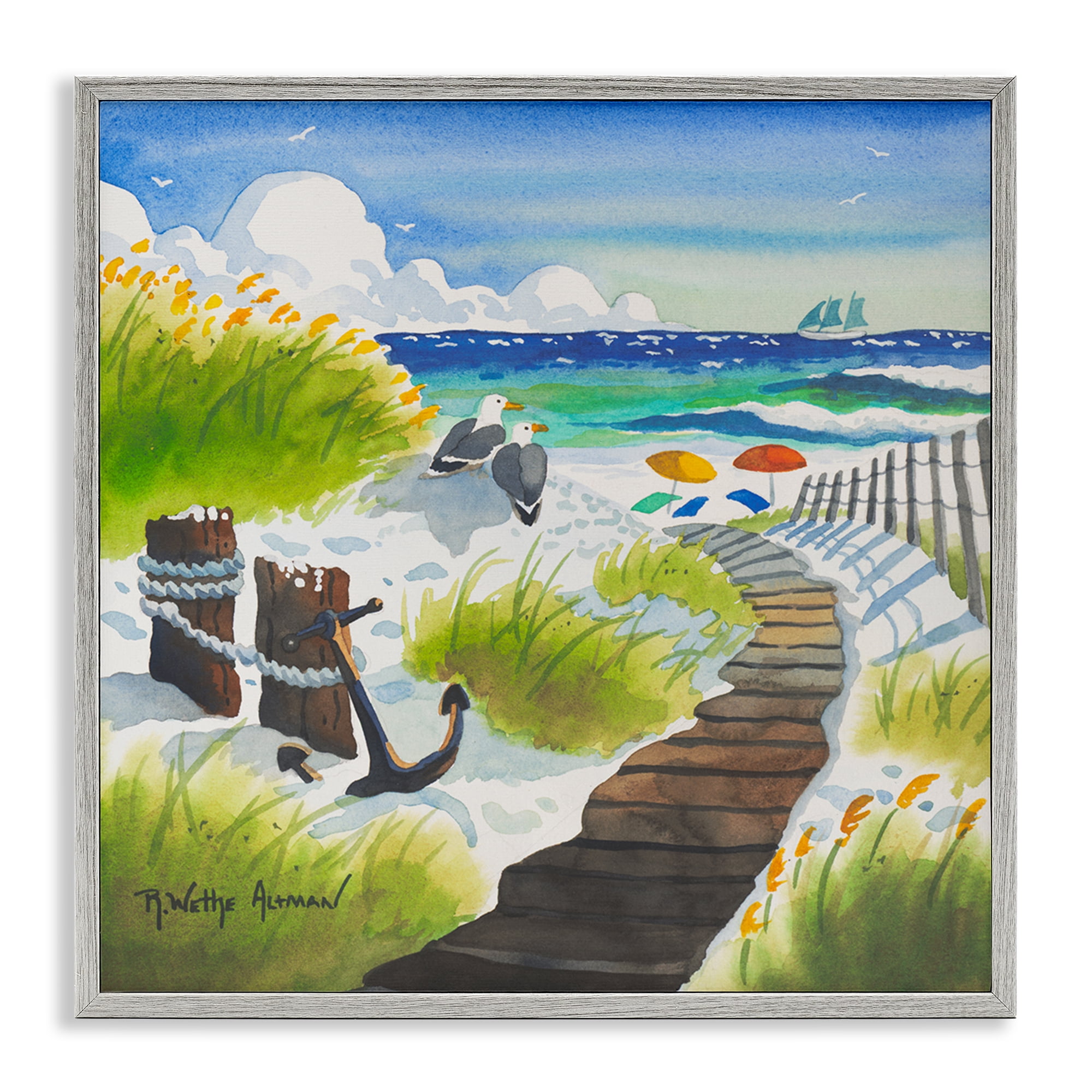 Stupell Industries Seagull & Anchor on Shore Gray Framed Giclee Art, design by Robin Altman