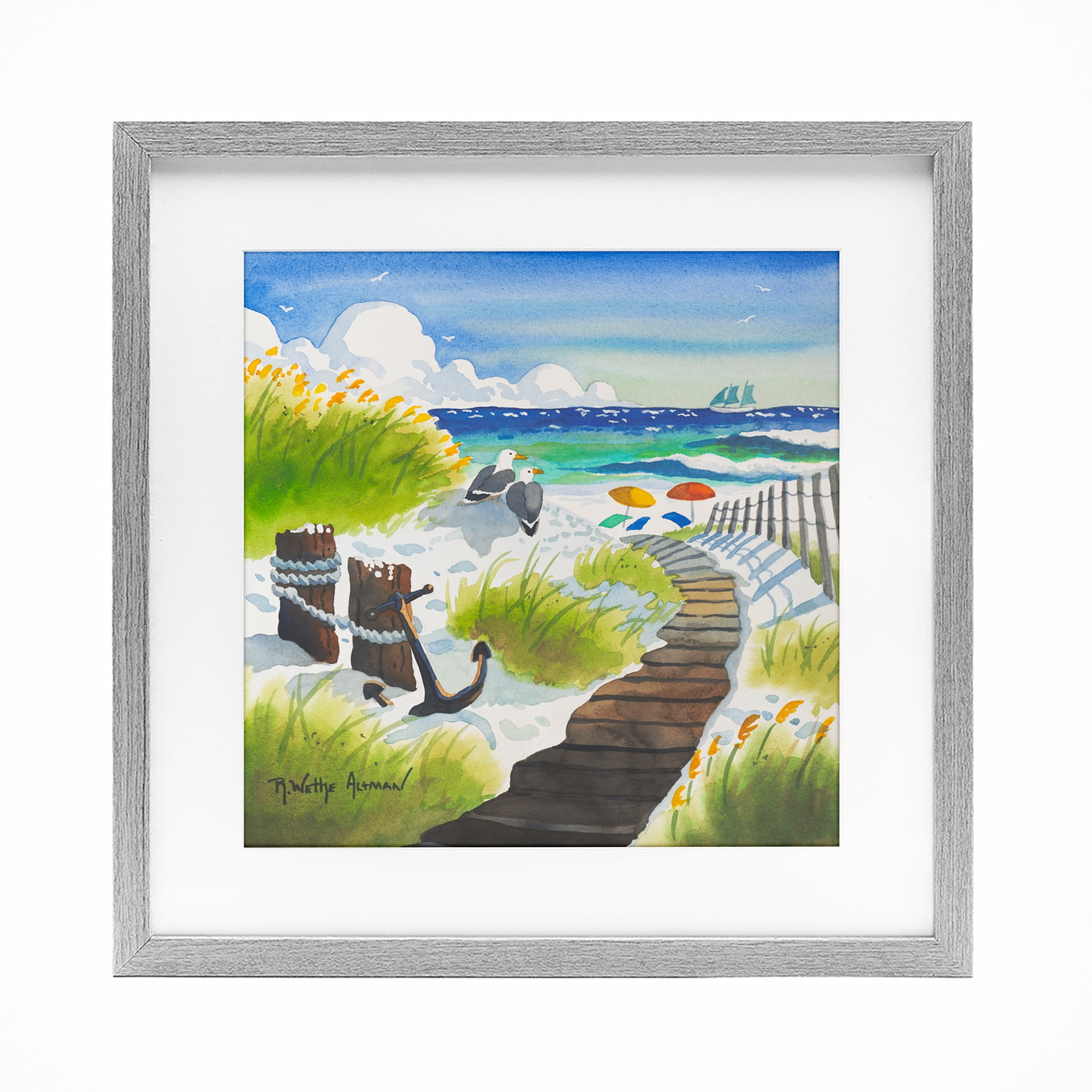 Stupell Industries Seagull & Anchor on Shore Gray Framed Print Under Glass, design by Robin Altman