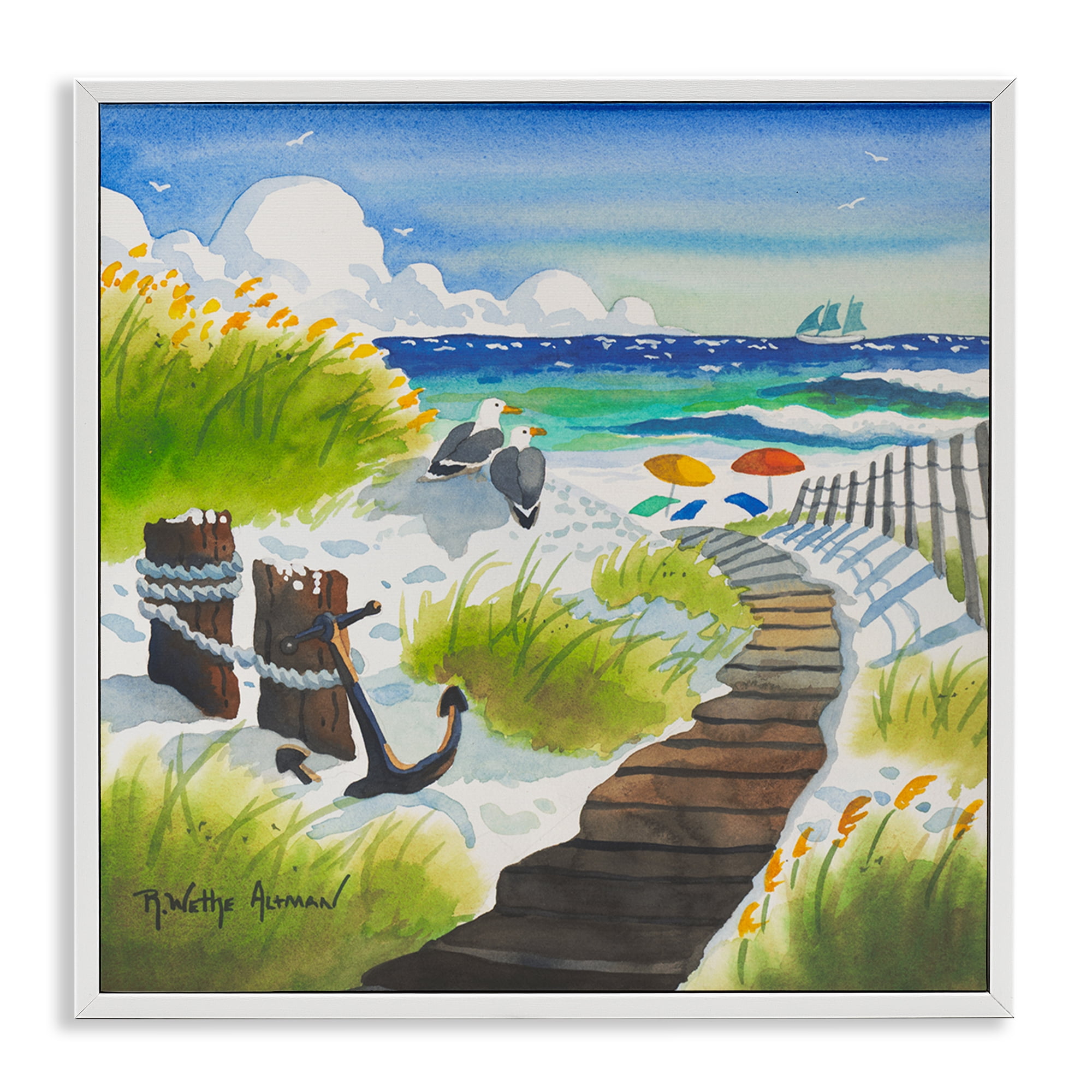 Stupell Industries Seagull & Anchor on Shore White Framed Giclee Art, design by Robin Altman