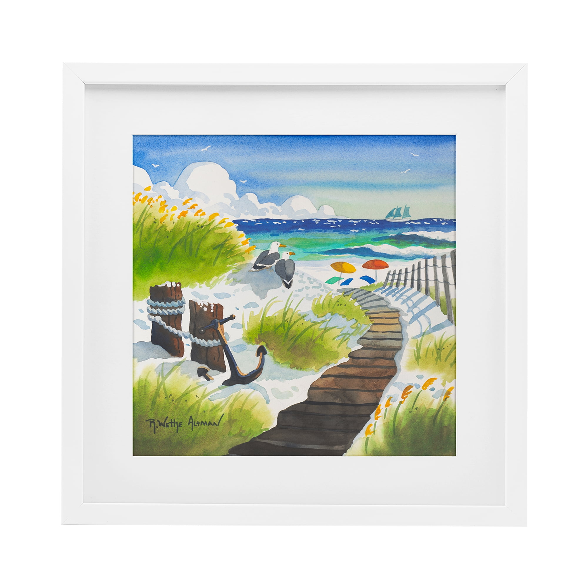Stupell Industries Seagull & Anchor on Shore White Framed Print Under Glass, design by Robin Altman