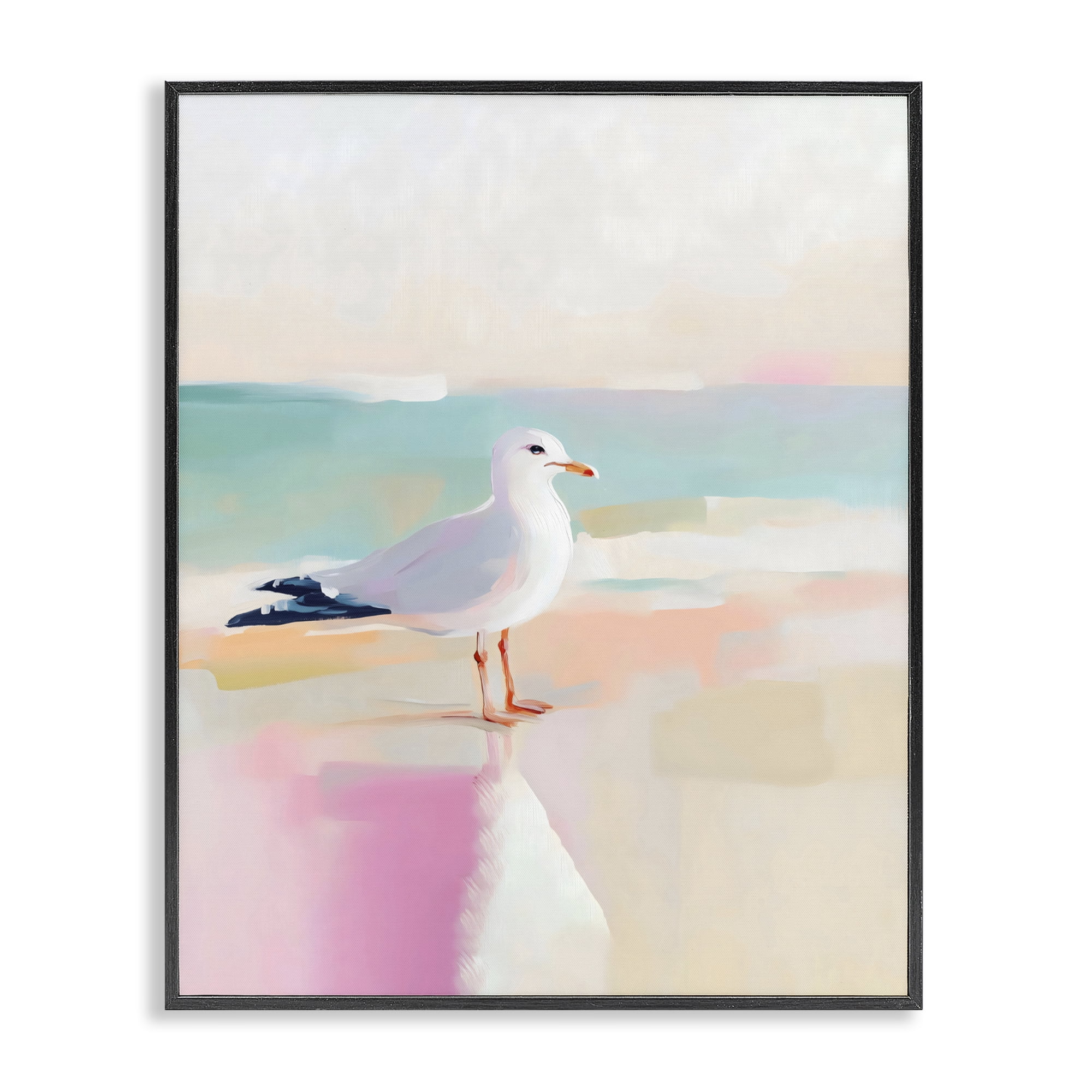 Stupell Industries Seagull Beach Tranquil Reflection Black Framed Giclee Art, design by The Prints Vibe
