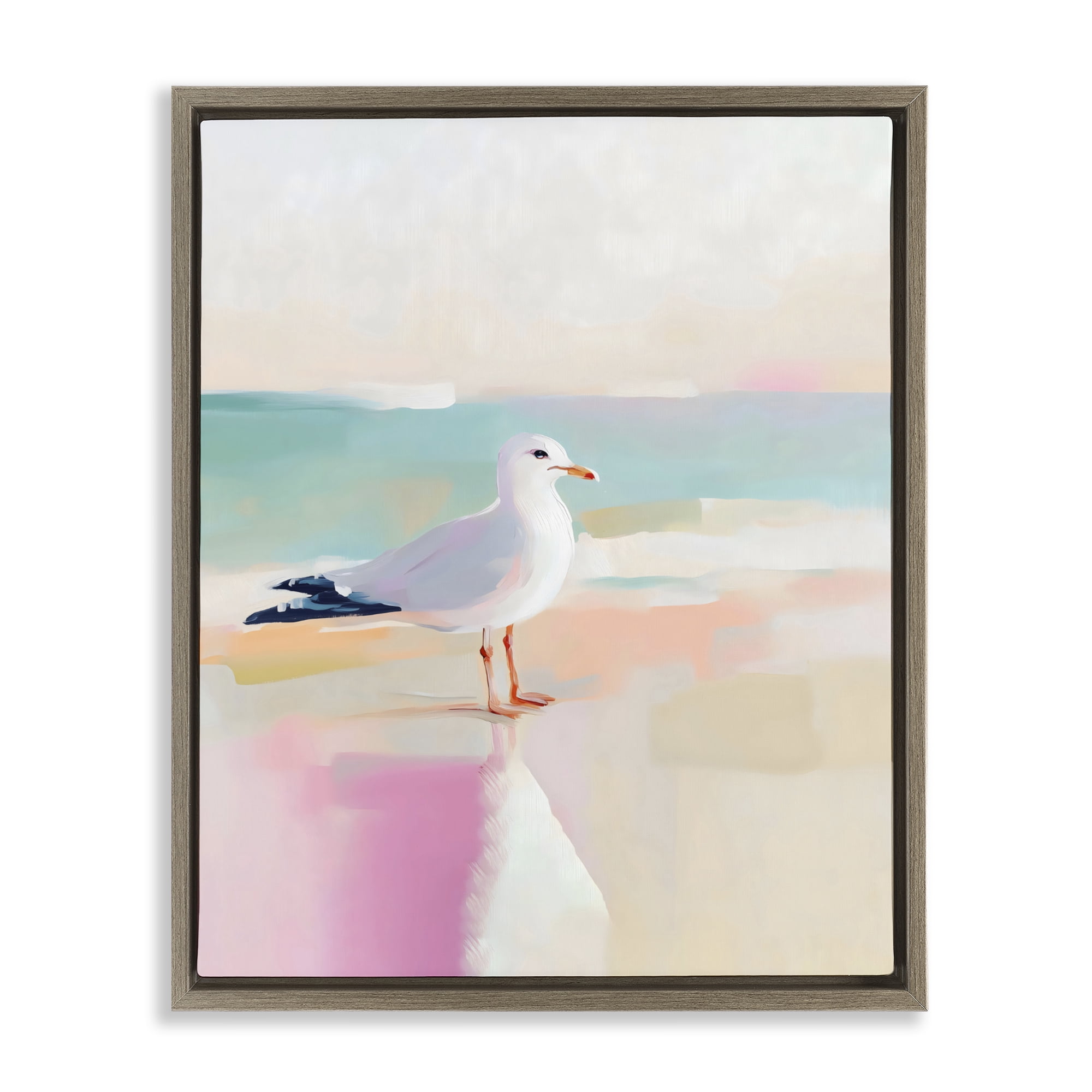Stupell Industries Seagull Beach Tranquil Reflection Brown Framed Floater Canvas Wall Art, design by The Prints Vibe
